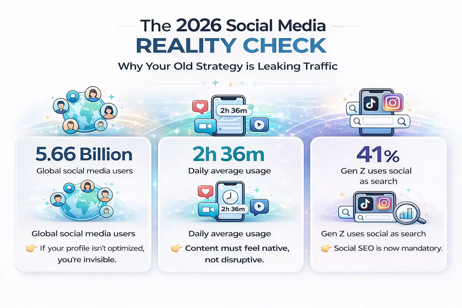 Infographic showing 2026 social media statistics: 5.66 billion global users, 2.5+ hours daily average usage, and 41% of Gen Z using social platforms as primary search engines.