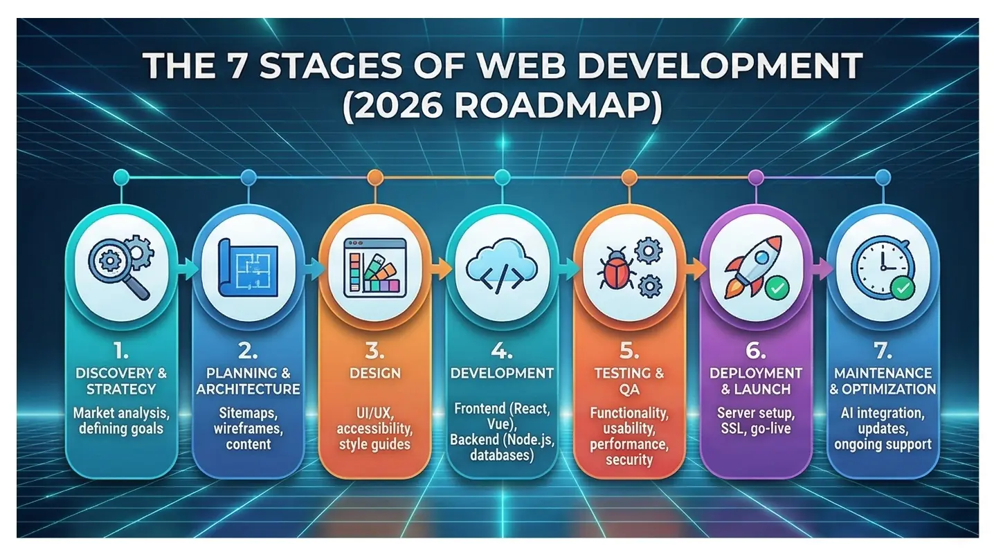 A horizontal flowchart infographic titled "The 7 Stages of Web Development (2026 Roadmap)." It details a seven-step process: 1. Discovery & Strategy, 2. Planning & Architecture, 3. Design, 4. Development, 5. Testing & QA, 6. Deployment & Launch, and 7. Maintenance & Optimization, with brief sub-tasks listed under each icon.