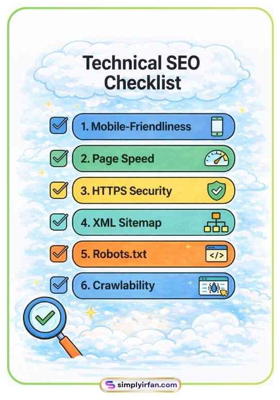 A technical SEO checklist featuring mobile-friendliness, page speed, HTTPS, sitemaps, and robots.txt.