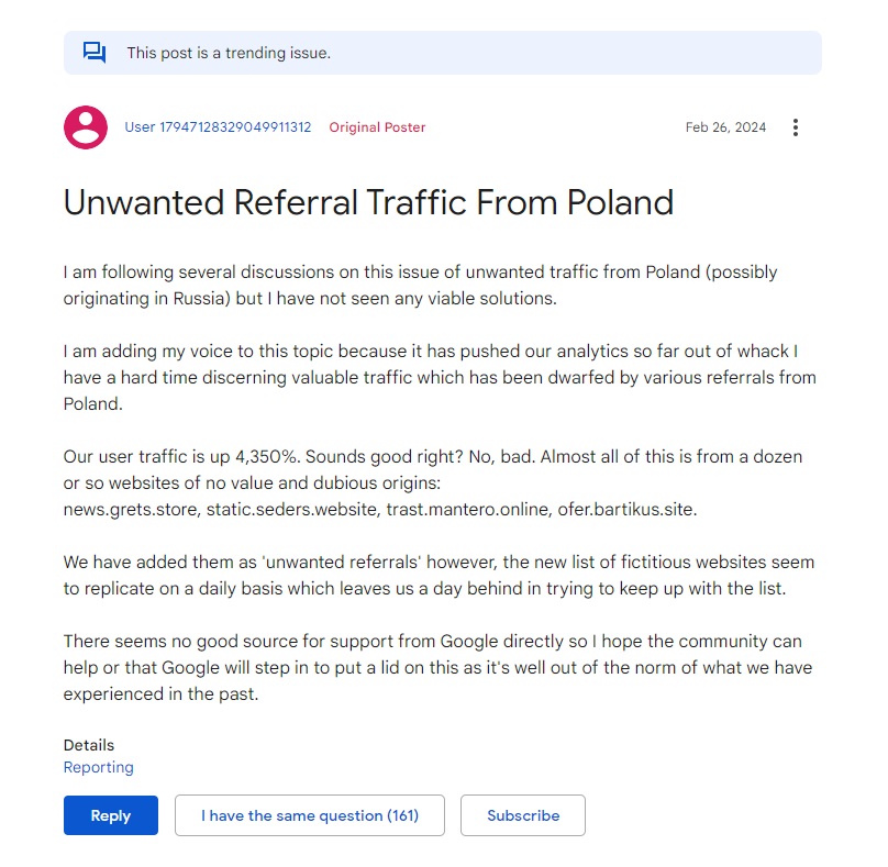 unwanted referral traffic issue on Google Community