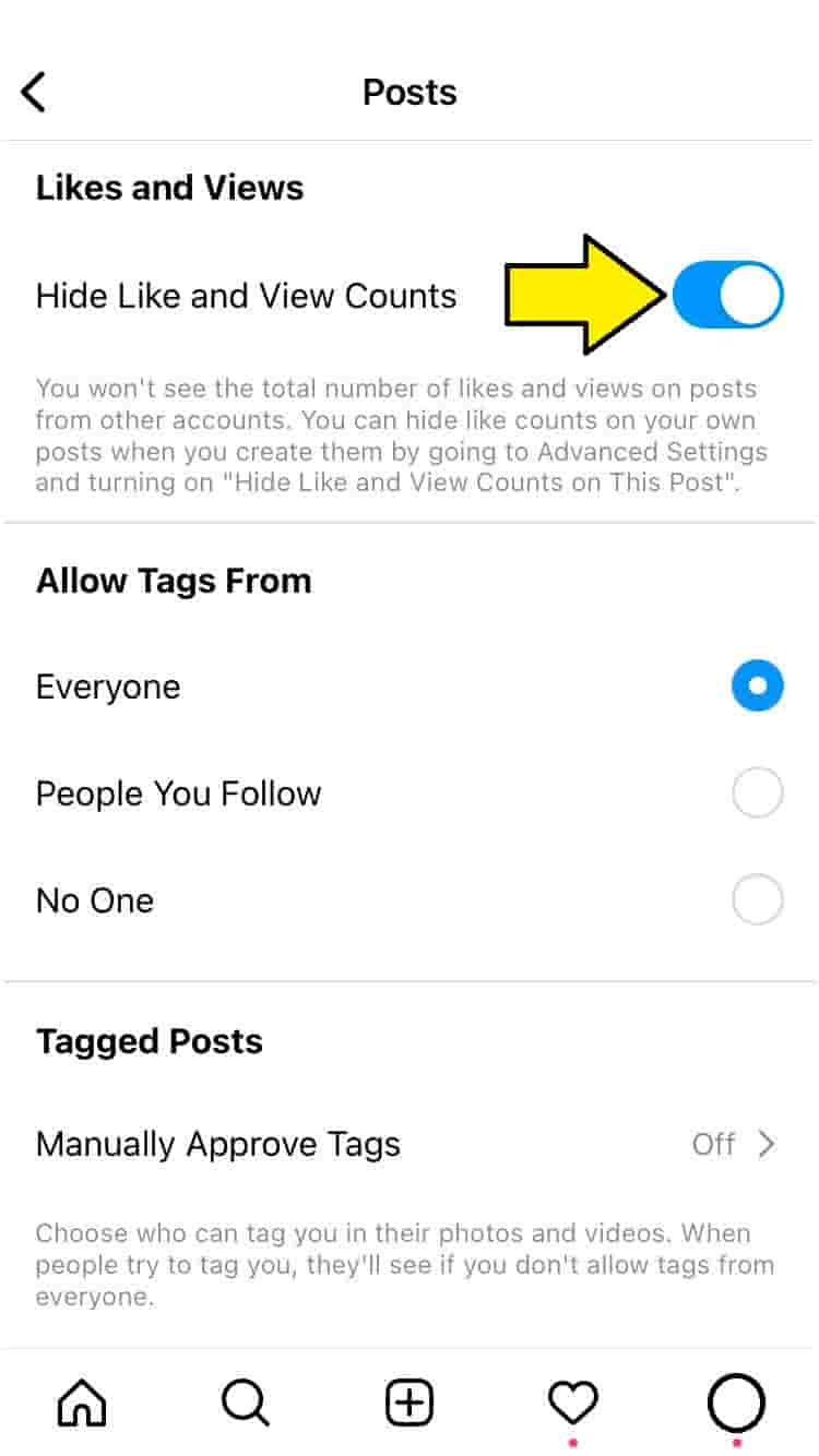 turn off instagram likes on others posts: On the "Posts" page, toggle on "Hide Like and View Counts."
