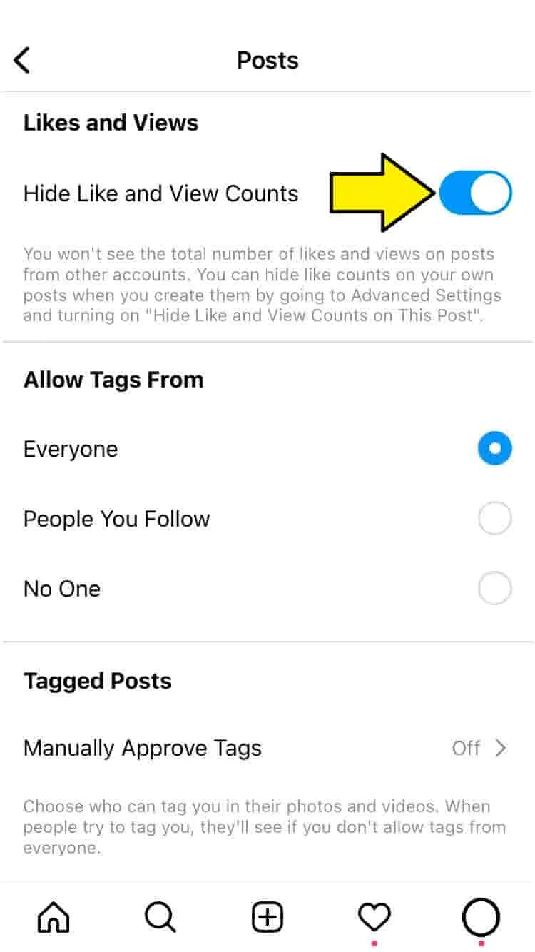 Turn off Instagram likes on followers posts turn off instagram likes on others posts: On the "Posts" page, toggle on "Hide Like and View Counts."