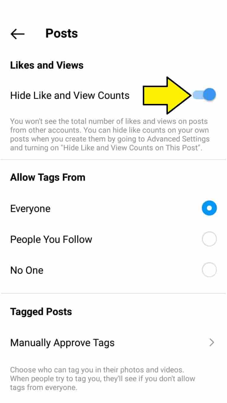 hide likes on Instagram on others posts android phone