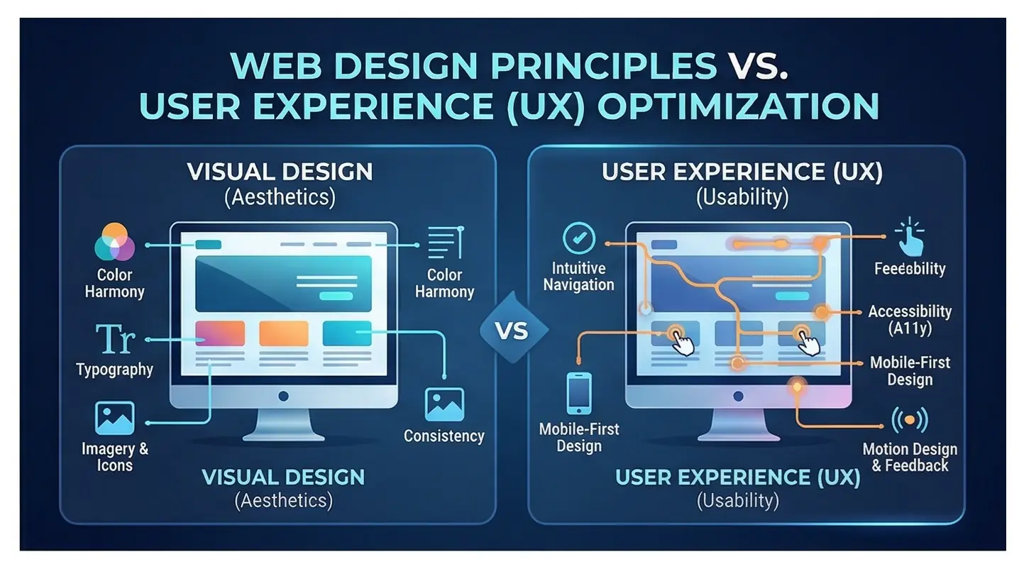 A side-by-side comparison infographic titled "Web Design Principles vs. User Experience (UX) Optimization." The left side highlights visual aesthetics like color harmony, typography, and imagery. The right side focuses on usability features such as intuitive navigation, accessibility (A11y), mobile-first design, and motion feedback.
