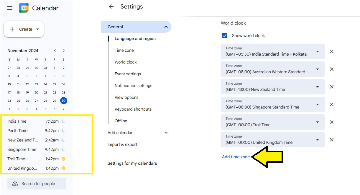 world clock settings in Google calendar