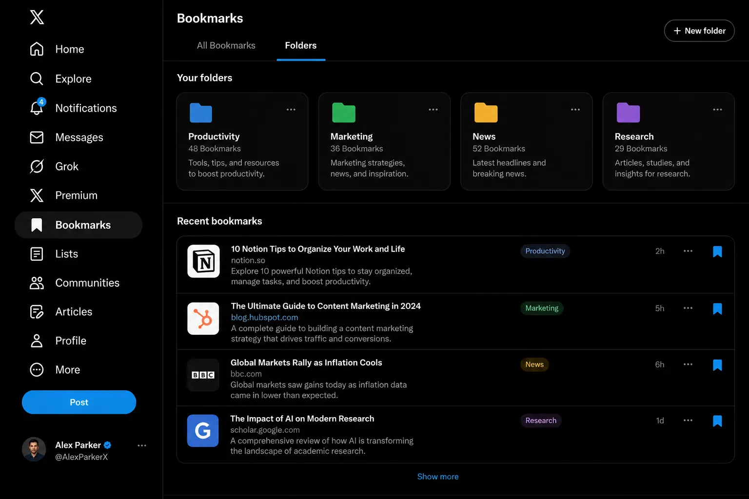 Bookmark folders feature available to X Premium subscribers.